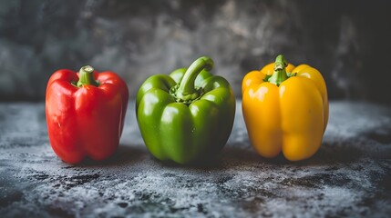 Wall Mural - Red, green and yellow sweet bell peppers on table, close up. 