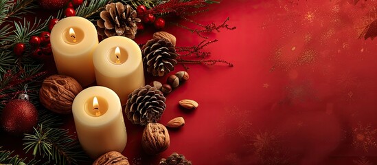 Sticker - Christmas-themed decorations featuring candles, pine cones, and nuts on a red backdrop with a copy space image for the Xmas concept.