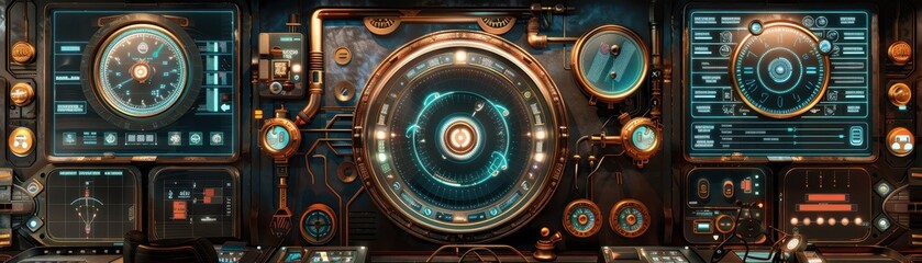 Futuristic control panel with high-tech digital screens, buttons, and dials in a science fiction setting, featuring intricate details.
