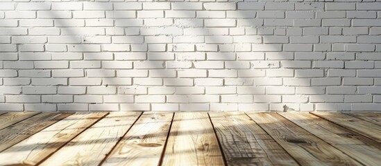 Aufkleber - Mockup scene with empty copy space image on a wooden surface against a white brick wall background, illuminated by natural lighting for product presentation.