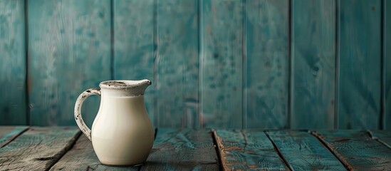 Aufkleber - A jug of milk sitting on a dark wooden table with copy space image available.
