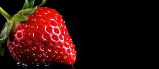 Poster - Close-up of a strawberry on a black background with copy space image.