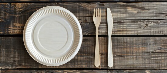 Aufkleber - Eco-friendly paper plate and fork set displayed on a rustic wooden table with ample space for adding text or images.