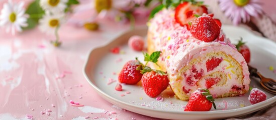 Canvas Print - Strawberry Swiss roll cake displayed on a white plate with a pink hue, against a background suitable for adding text or other elements, with copy space image.