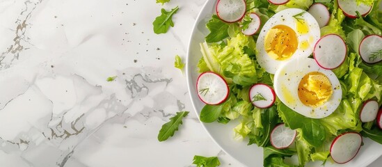 Poster - Top view of a salad featuring radishes, boiled egg, and mixed lettuce leaves as an appetizing snack with a food background in the copy space image.