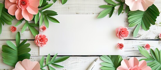 Poster - Oblique pen and a blank card decorated with pink paper flowers and green leaves on a white wooden background, with copy space image.