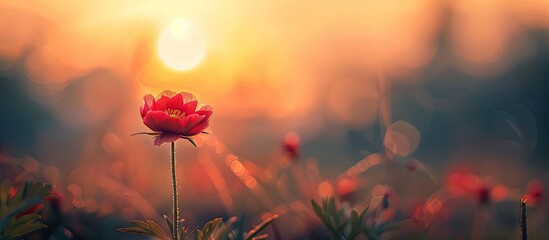Poster - Selective focus beautiful red buttercup flower in a field at sunset with soft nature light, creating a spring background with a vintage tone and blur filter, ideal for a copy space image.