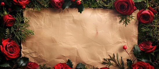 Fototapete - Blank sheet of paper surrounded by red roses, mistletoe, and moss, with copy space image.