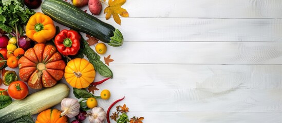 Poster - Assorted summer and autumn vegetables displayed on a white wooden table with room for text alongside the copy space image.