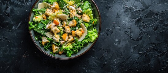 Aufkleber - Top-down view of a tasty Caesar salad on a dark surface, with room for text in the image.