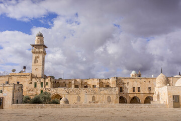 The minaret and religious complex on the Temple Mount, the Muslim and Jewish sacred cite, in Jerusalem, Old City in Israel.
