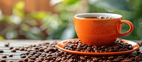 Aufkleber - Coffee cup and coffee beans are displayed on a table with empty space for text or logos known as a copy space image.