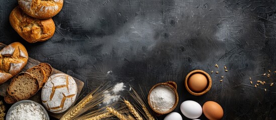 Poster - Variety of bread types on a dark background with eggs, flour, wheat ears in a top-view setup for a bakery concept copy space image.