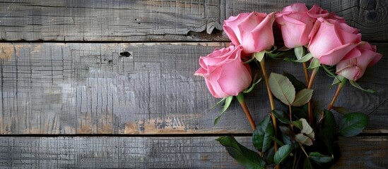 Sticker - Pink roses bouquet on wooden backdrop with copy space image.