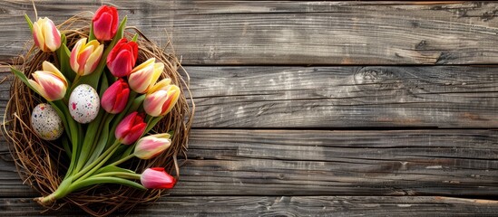 Fototapete - Easter-themed greeting card with tulip bouquet, nest of eggs, on rustic wooden backdrop. Top view flat lay with copy space image for Easter concept, showcasing spring tulips.
