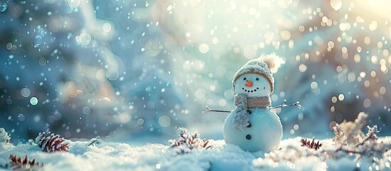 Leinwandbilder - A diminutive snowman is set against a backdrop of a winter wonderland with snow-covered surroundings and a serene atmosphere with copy space image.