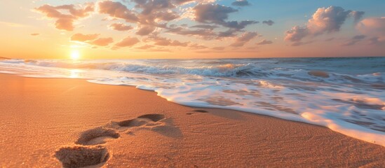 Poster - Sunrise beach with a visible footprint in the sand, offering an idyllic and serene scene with copy space image.
