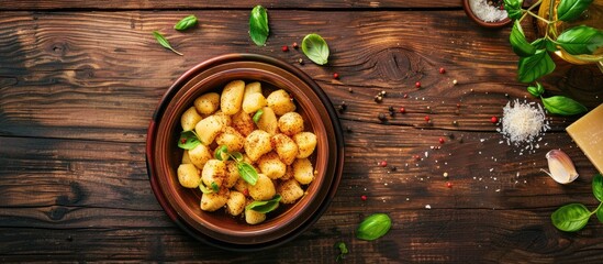 Aufkleber - A rustic top-view image featuring fresh gnocchi with cheese sauce on a table, perfect for enticing appetizer meal ideas and healthy eating inspiration, with ample copy space for customization.