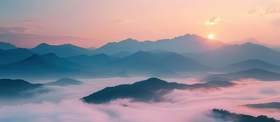 Sticker - A stunning sunrise in the mountains with a large fog floating over the high mountain scenery, creating a captivating copy space image.