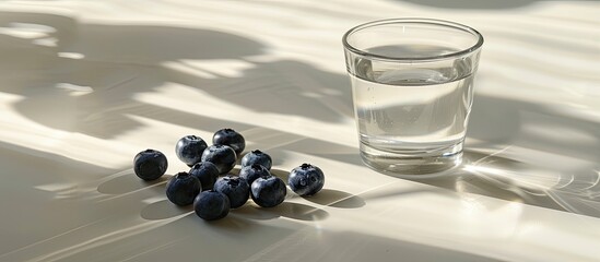 Poster - A contemporary summer scene with a glass of water, blueberries, elongated shadows, set against a white table background, all bathed in sunlight for a copy space image.