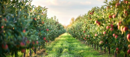 Poster - Apple trees aligned in rows at a rural Pennsylvania orchard, with a clear sky providing ample copy space image.