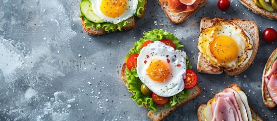 Poster - A variety of toasts topped with eggs, ham, veggies, and fruits presented on a gray stone backdrop, seen from above, with copy space image.