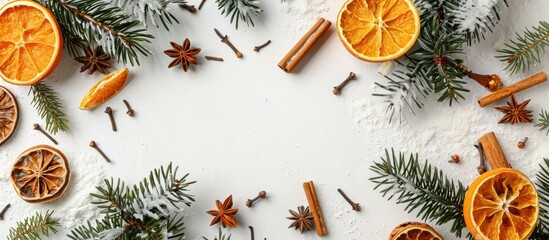Poster - A Christmas-themed frame consisting of dried oranges, spices, cinnamon sticks, and coniferous branches on a white surface with ample copy space for text or images.