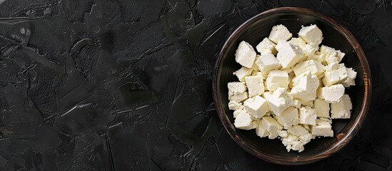 Poster - Delicious feta cheese arranged against a dark background in a copy space image.