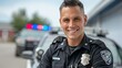 © DARIKA - Police officer in uniform smiling confidently while standing in front of a patrol car representing law enforcement and community safety Portrait, Realistic Photo, High resolution, Half-body picture,