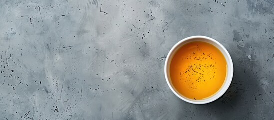 Poster - A nourishing bowl of broth on a gray background seen from above, creating an ideal layout for adding a picture or text, suitable for a banner design.