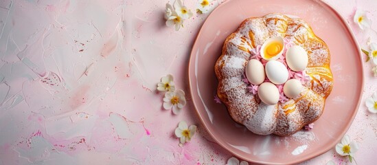 Aufkleber - Top view of a traditional Spanish Easter cake, known as mona de pascua, featuring boiled eggs inside, on a pink rustic table background with copy space image available.