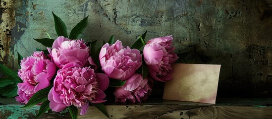 Sticker - A display featuring a vibrant arrangement of pink peonies next to a greeting card, with a vintage-style copy space image.