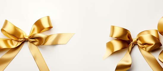 Aufkleber - White background with two gold silk ribbons in different styles, elegantly arranged, finishing in a bright gold bow, creating a picturesque copy space image.