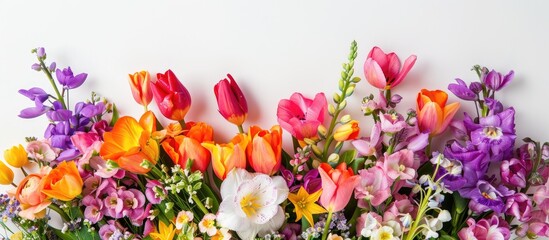 Aufkleber - Spring flowers like tulips and freesias arranged in a colorful bouquet on a white background with room for text or other elements in the image.