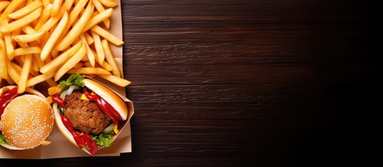 Poster - Top view of fast food take away with a sandwich, potato fries, cola with ice, and chips displayed, featuring copy space image.