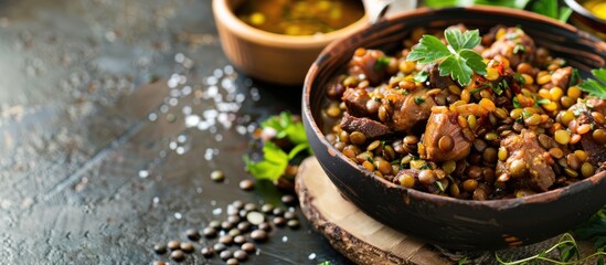 Poster - Freshly cooked lentils mixed with savory beef or pork, served as an appetizer or a meal, placed on the table with a food background for a copy space image.