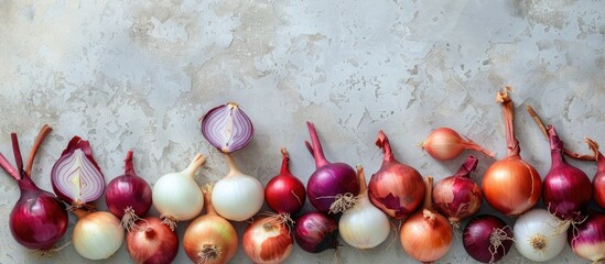 Sticker - A variety of onions arranged on a gray concrete surface with available copy space image.