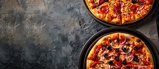Poster - High-resolution photo featuring two pizzas on a pan with copy space image available.