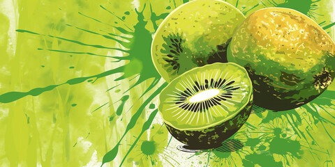 Wall Mural - Kiwi fruit showing cross section on grunge background