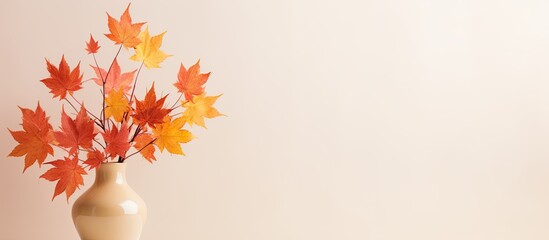 Poster - Minimalist autumn concept with a vase containing maple leaves, focused on the arrangement with a copy space image.