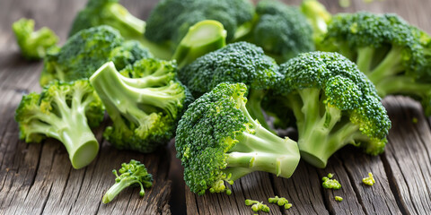 Wall Mural - Fresh green broccoli lying on rustic wooden background