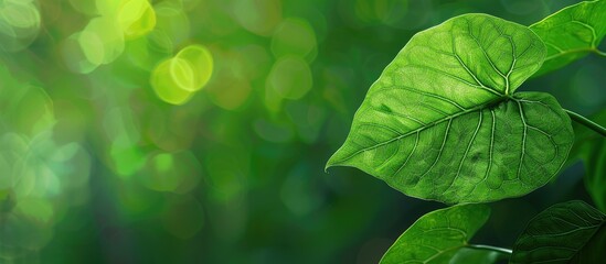 Aufkleber - A detailed view of a lush green leaf against a blurry green backdrop in a garden, ideal for a cover page with copy space image.