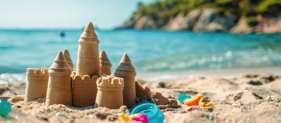 Poster - Sand castles and plastic toys placed on the beach near the sea, creating a picturesque scene with copy space image available.