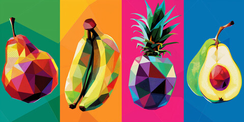 Poster - Pop art style illustration featuring a pear, bananas, a pineapple, and an avocado