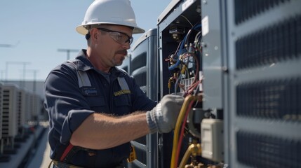 Wall Mural - A man in a blue uniform is working on an air conditioner