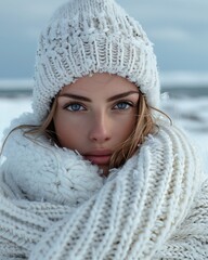 Woman in winter clothing holding blank flyer for product placement and advertising