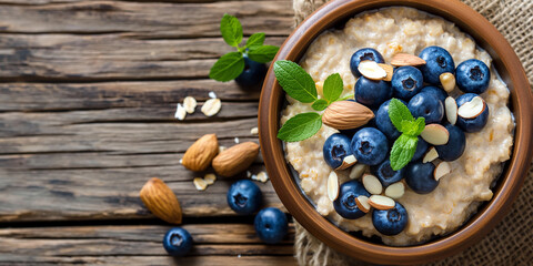 Poster - Bowl of oatmeal porridge with fresh blueberries and almonds for healthy breakfast