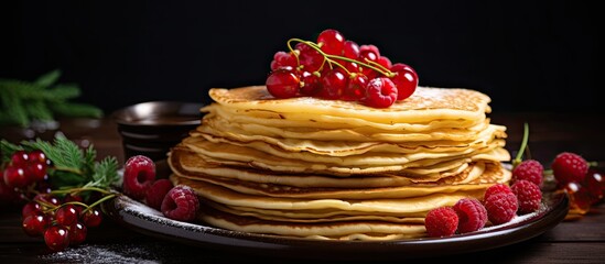 Aufkleber - Thin round pancakes on a plate prepared for Maslenitsa celebration, a Russian tradition involving eating pancakes adorned with honey, butter, and berries with a copy space image.
