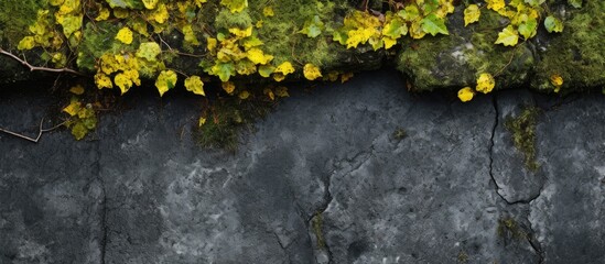 Aufkleber - Background of textured asphalt adorned with yellow leaves and lush green moss, perfect for a copy space image.