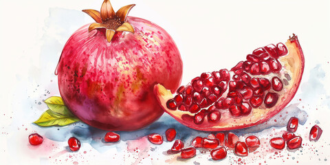 Aufkleber - Watercolor painting of ripe pomegranate fruit with seeds